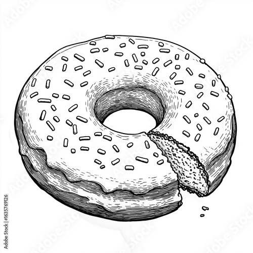 A black and white drawing of a donut with sprinkles and a bite taken out of it on a white background