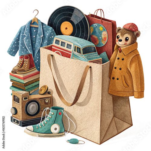 Charming collection of vintage treasures and cozy attire spilling from a shopping bag