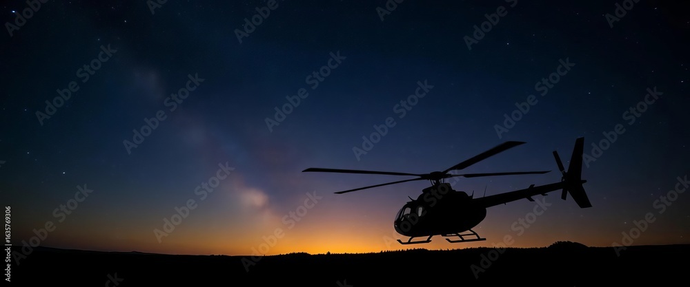 Fototapeta premium Night helicopter silhouette against starry sky, stars, travel