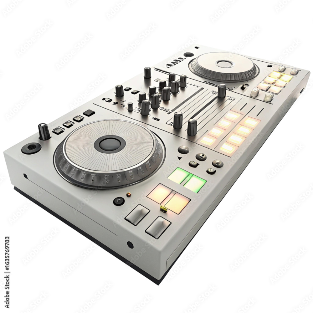 Fototapeta premium Professional DJ controller with illuminated buttons and jog wheels for dynamic music mixing and performance