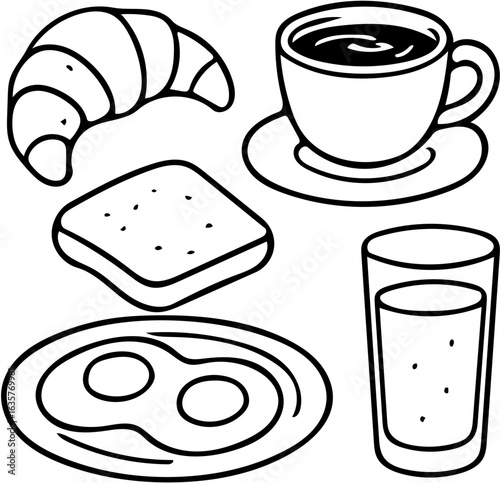 Hand-drawn black and white line art of a classic breakfast set including a croissant, toast, fried eggs, coffee, and juice. Minimalist doodle-style vector illustration perfect for coloring books, food