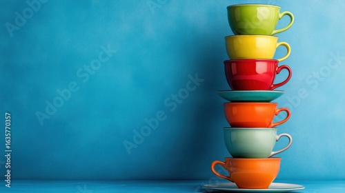 Colorful stacked cups on blue background
