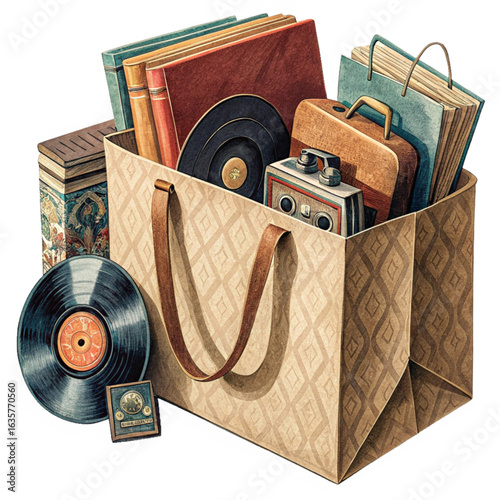 Discover vintage treasures vinyl records books retro radio and luggage packed in a stylish tote bag.