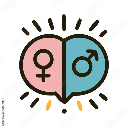 Pink and blue halves gender symbols in speech bubbles. Suitable for gender identity concepts, diversity, equality, social issues, and communication designs.