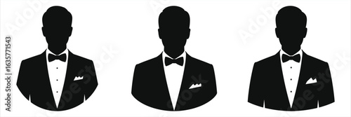 "Three Elegant Silhouettes of Men in Tuxedos: Formal Wear, Bow Tie, and Pocket Square for Professional Events, Weddings, and Corporate Designs - Minimalist Vector Illustration"