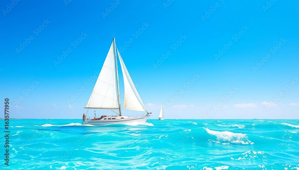 Obraz premium White sailboat on turquoise waves, sunny blue sky, paper cut style, maritime, art