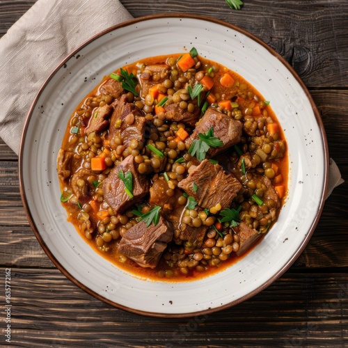 A savory lamb and lentil stew, simmered to perfection, is presented in a rustic bowl, garnished with fresh herbs, on a dark wood surface with a linen napkin