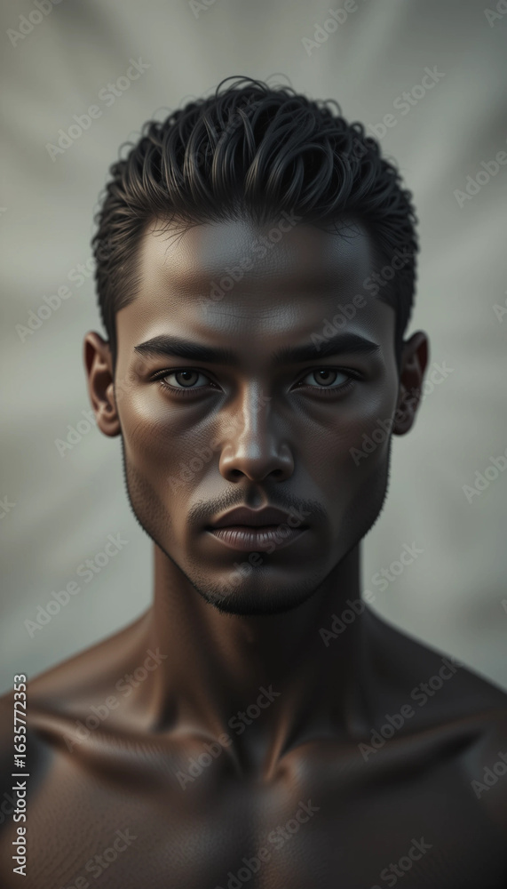 Fototapeta premium Young muscular man with serious expression posing in front of dramatic background