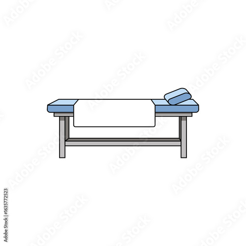 Illustration of a blue massage table with a white towel and pillow, isolated on a white background.