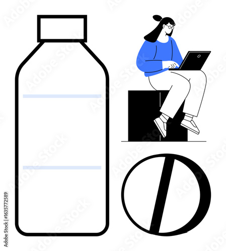 Large bottle, pill icon, woman sitting on block using laptop. Ideal for telehealth, medication, online learning, work-from-home, health management productivity pharmaceutical communication. Simple