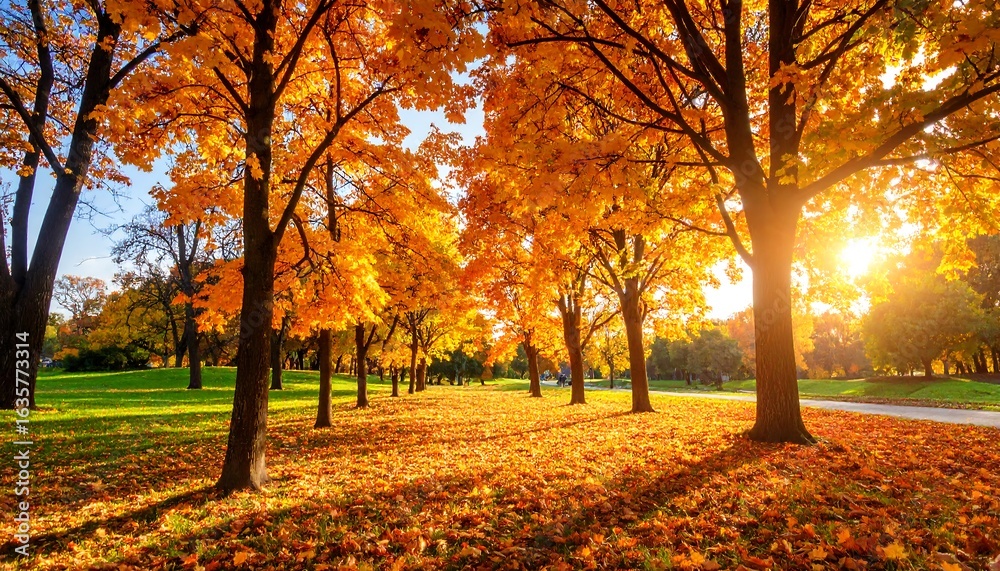 Fototapeta premium Autumnal park scene, golden leaves