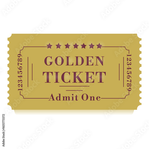 Golden ticket design template, admit one, vector illustration. Ticket for a cinema, movie, film, show, museum, theatre, events, festival. 