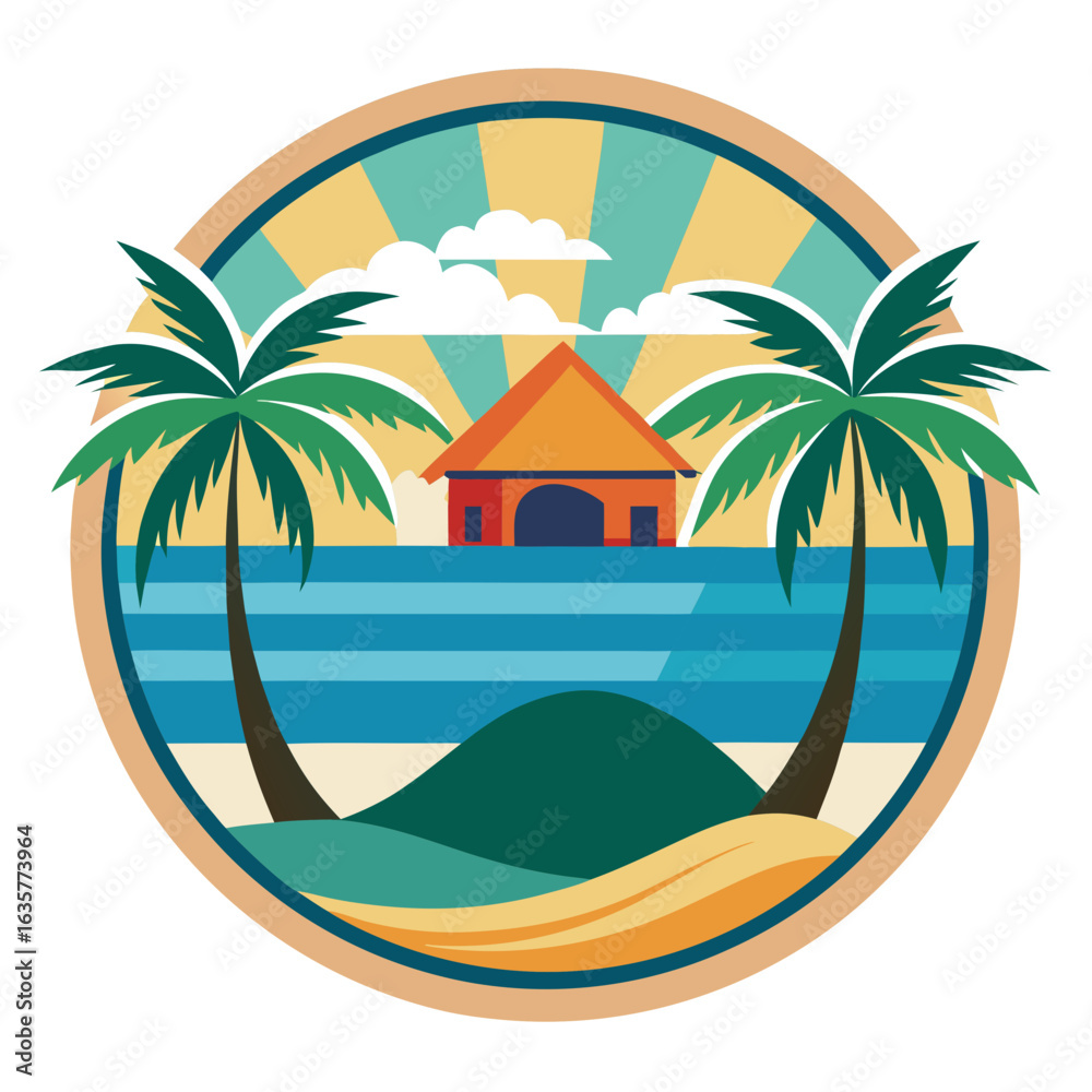 Obraz premium Vector art of a circular illustration captures a vibrant tropical beach scene featuring a palm tree, crashing ocean waves, and the sun