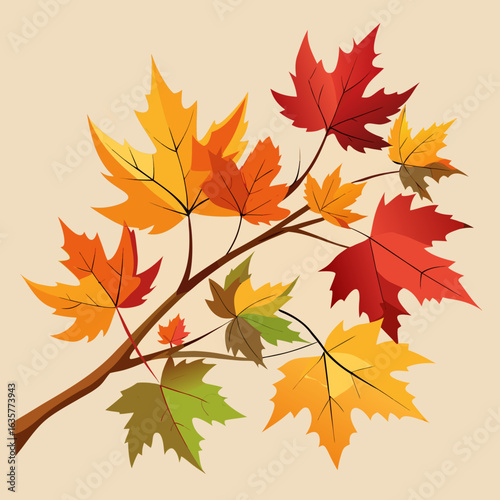 Vibrant Autumn Maple Branch:  Warm-toned, stylized illustration of fall foliage, perfect for seasonal designs and Thanksgiving themes.