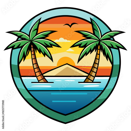 Vector art of vibrant circular emblem depicting a tropical beach scene at sunset with palm trees, ocean waves, and a colorful sky, evoking a sense of paradise and vacation