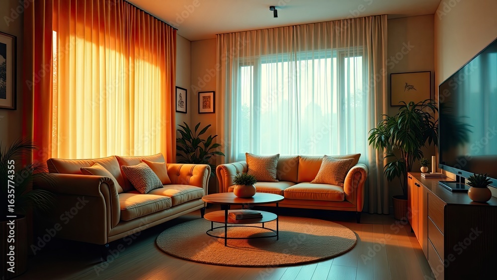 Fototapeta premium Cozy living room bathed in warm sunlight.