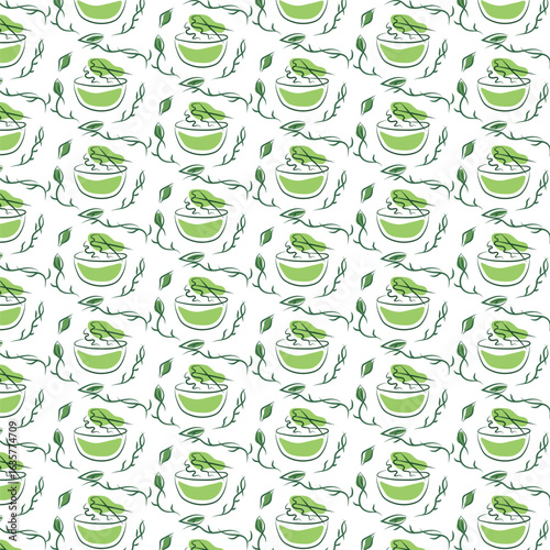 Vector seamless pattern of a plate with noodles. Only healthy food. Vector pattern of proper nutrition. Green and white colors. Restaurant food. Food background.