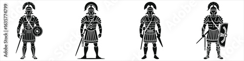 Vector Silhouettes of Ancient Roman Soldiers in Armor Helmets Swords and Shields – Four Minimalist Black and White Greco-Roman Warrior Icons for History, Military and Game Design