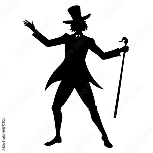 Black silhouette of a gentleman performer with top hat and cane