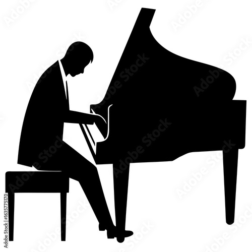 Black silhouette of a man playing a grand piano pianist