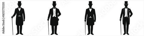 Victorian Gentlemen Silhouette Collection | Elegant 19th Century Men in Top Hats, Tailcoats & Canes | Classic Retro Formal Fashion Vector for Invitations, Wedding Designs, Posters, Historical Projects