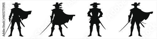 Musketeer silhouettes set – swashbuckler swordsmen with capes and wide brim hats, rapiers drawn; four black vector figures in heroic poses 17th century cavalier style, isolated on white background art