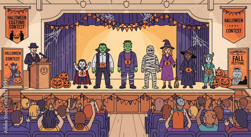 A Halloween costume contest is underway on a stage, with various costumed characters.
