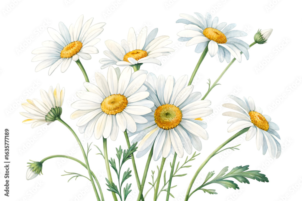 Fototapeta premium Watercolor daisies with white petals isolated on transparent background. Flower PNG.