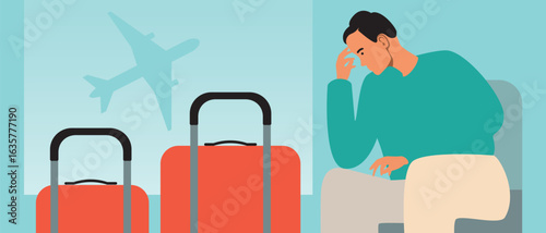 Man at the airport feeling tired, flat vector stock illustration as a concept of traveling or long road