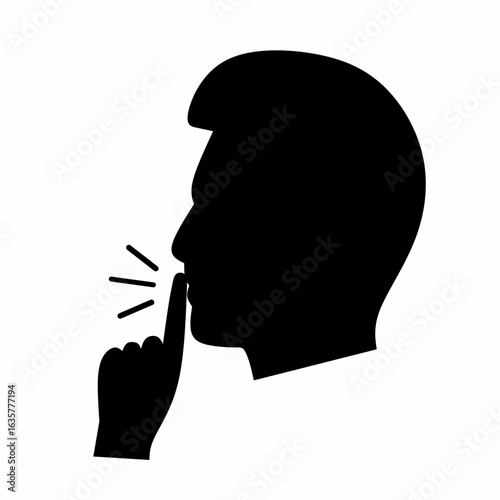 A man's head with a "shhh" gesture shows a black man's face and hand, his finger covering his mouth. Please be quiet against a white background.