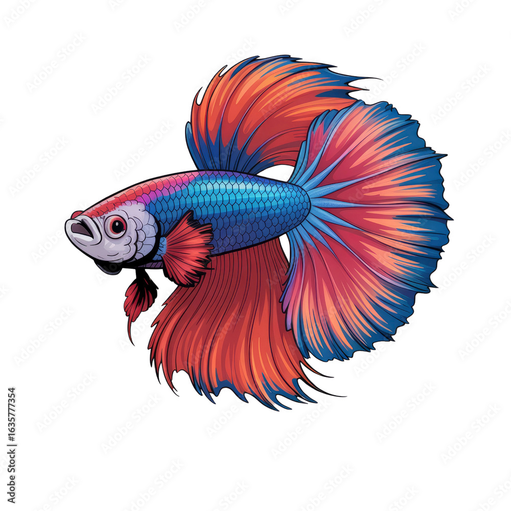 Fototapeta premium Vibrant Red and Blue Betta Fish, Detailed Illustration