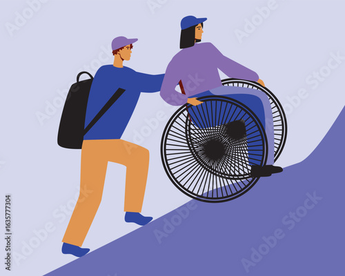 Young inclusive couple as active tourists or rock climbing, flat vector stock illustration as concept of Accessible Travel for people with special needs