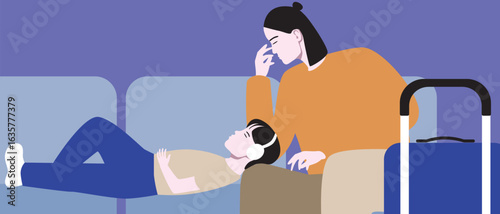 Asian mother with child as waiting at airport, flat vector stock illustration as concept of difficult moments of family travel such as moments of exhaustion