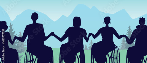 Inclusive friends as active tourists in the mountains, flat vector stock illustration as a concept of Accessible Travel or traveling with limited mobility, special needs
