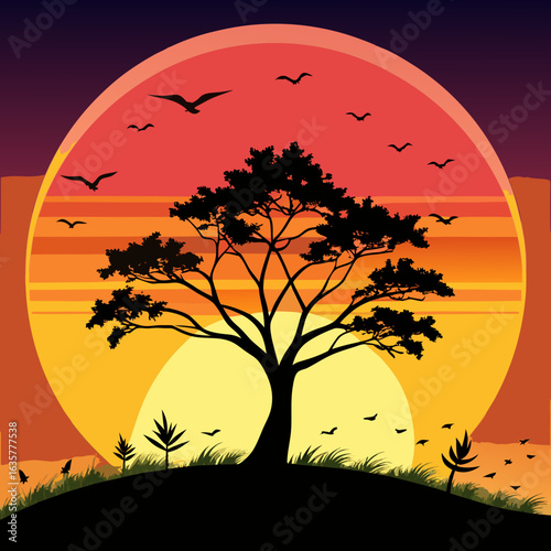 vector illustration of a silhouette of a tree in the sunset