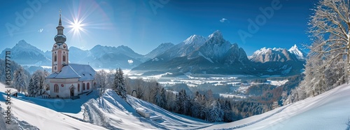 Winter landscape in the Alps with church, Idyllic winter landscape with chapel in the Alps, Berchtesgadener Land, Bavaria, Germany