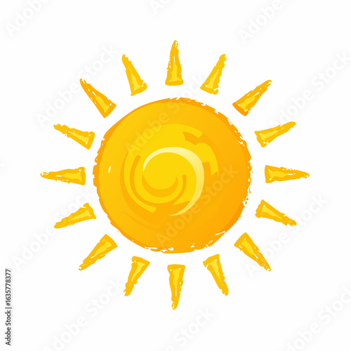 Sun vector icon. Crayon or brush sun shine summer bg. Doodle sunshine, sunrise, sunset, ray hand drawn logo. Happy kid summer element.