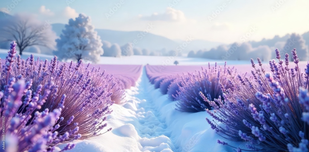 Obraz premium A snowy landscape infused with the calming purple hues of lavender fields, a serene winter scene Frozen lavender sprigs add a touch of color to the crisp, white snow , delicate, peaceful