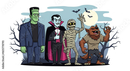 Classic Halloween monsters – Frankenstein, Dracula, mummy, and werewolf – pose together against a spooky night scene.