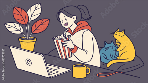 A woman watching a movie on her laptop with popcorn and cats, enjoying a cozy and comfortable evening at home in a relaxed setting