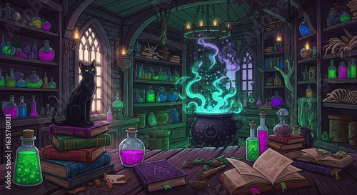 A mystical witch's workshop with a black cat, bubbling cauldron, and potion bottles.