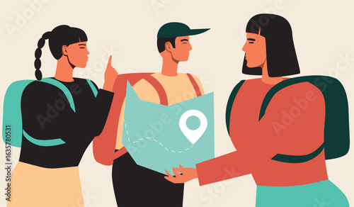 Groups of friends planning travel route, flat vector stock illustration with asian travel