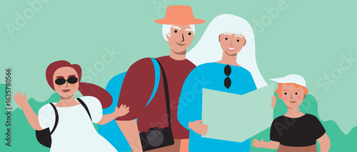 Older adults or parents and children traveling together, flat vector stock illustration isolated, Family Travel concept