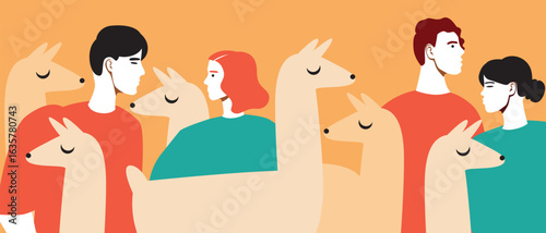 Tourists or group of people with llamas or alpacas in latin america or peru on alpaca day, flat vector stock illustration as a concept of experiencing local culture and traditions
