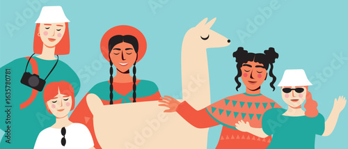 Tourists with children and BIPOC people in traditional clothes in latin america or peru with alpaca, flat vector stock illustration as a concept of traditional travel