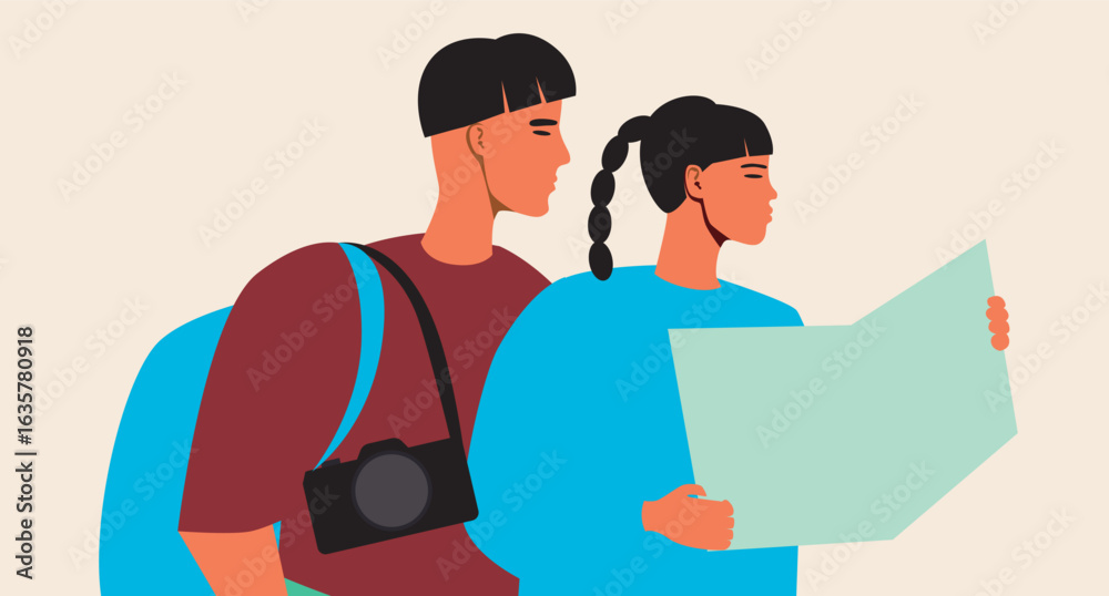 Obraz premium Young asian couple and Romantic Trips, flat vector stock illustration isolated, backpackers enjoying a romantic getaway