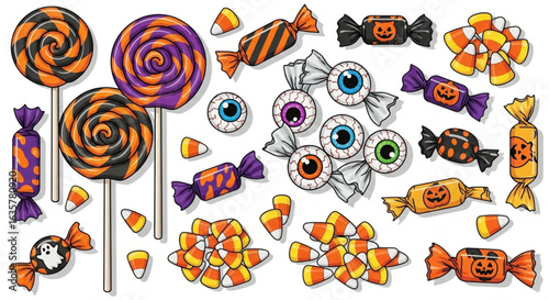 An assortment of Halloween candies including lollipops, wrapped sweets, and candy corn arranged on a white background.