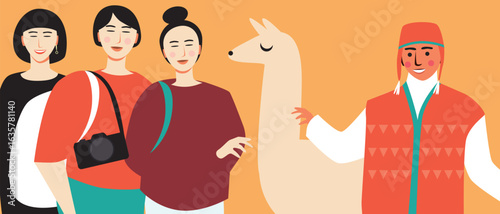 Group of asian tourists and BIPOC people in traditional clothes with alpaca, flat vector stock illustration as concept of experiencing local culture
