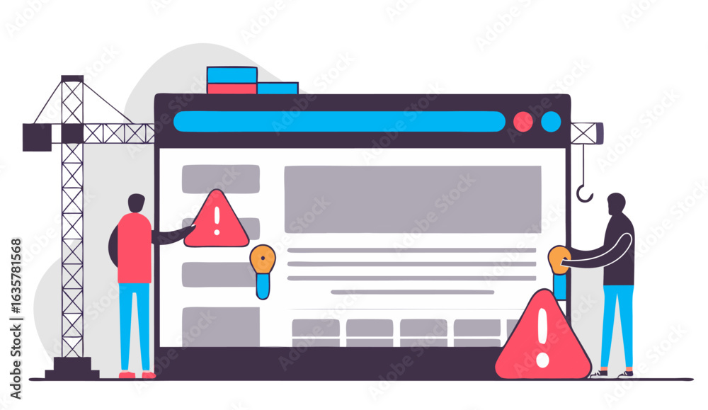 Obraz premium Website Under Construction Illustration with Workers or Under construction webpage with workers fixing website elements, caution sign