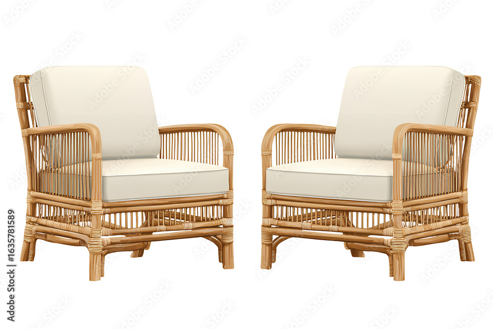 Fototapeta premium Twin rattan armchairs with cushions isolated on transparent background